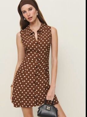 Reformation Brown Polka Dot Sleeveless Shirt Dress